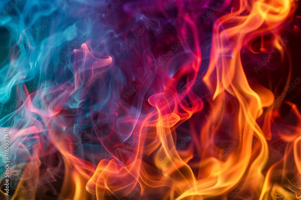 Poster dynamic flames in vivid reds, oranges, and blues intertwine, creating a beautiful and mesmerizing di