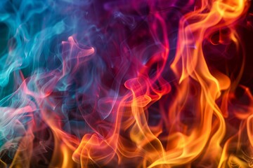 Dynamic flames in vivid reds, oranges, and blues intertwine, creating a beautiful and mesmerizing display. The colors blend seamlessly, evoking warmth and energy.