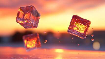 Floating ice cubes splash into the ocean under a bright sunset.