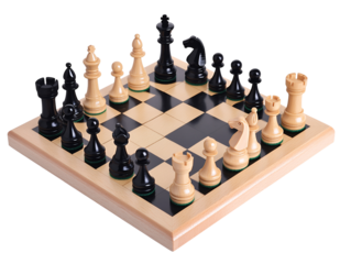 Isolated Wooden Chess Board with Pieces Setup