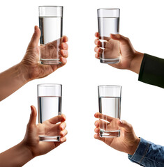 Four hands holding glasses of clear water celebrating hydration and health.