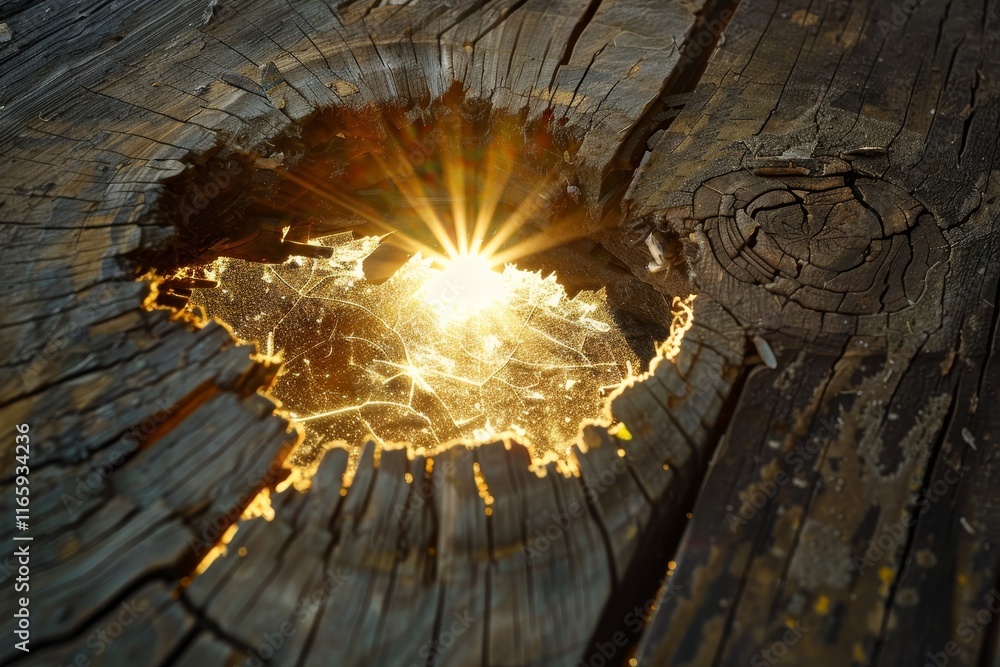 Poster sunlight streams through a hole in worn wood, highlighting floating dust particles in the evening li