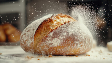 rustic loaf of freshly baked bread is dusted with a fine layer of flour, creating a dramatic and appetizing effect. The golden crust, detailed texture, and flour particles in motion emphasize freshnes