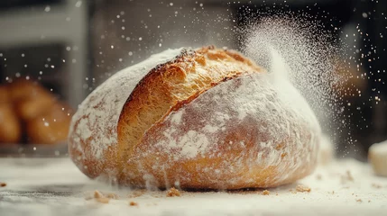 Selbstklebende Fototapeten rustic loaf of freshly baked bread is dusted with a fine layer of flour, creating a dramatic and appetizing effect. The golden crust, detailed texture, and flour particles in motion emphasize freshnes © tl6781