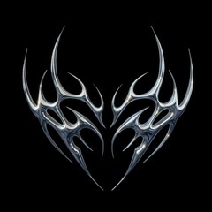 3D chrome metal shape. Y2k neo tribal icon. 3d rendering illustration on black isolated background.