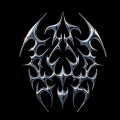 3D chrome metal shape. Y2k neo tribal icon. 3d rendering illustration on black isolated background.