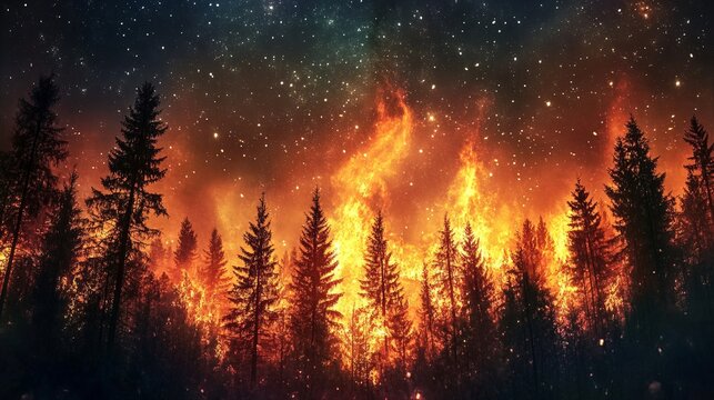 A striking scene of a forest fire at night, with vibrant flames illuminating the dark sky.