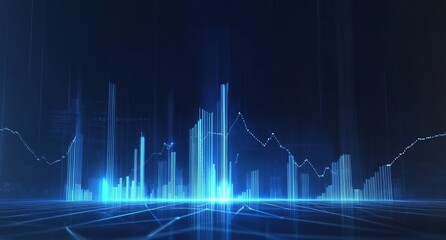 Naklejka premium Abstract blue glowing stock market graph with rising candlestick chart on dark background