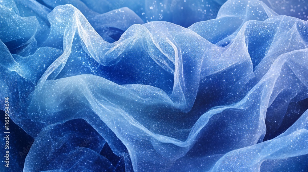 Poster a close-up of flowing blue chiffon fabric with a shimmering texture, creating a dreamy and ethereal 