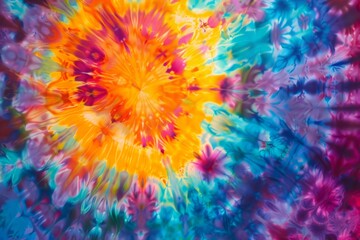 A tie-dye design showcases an explosion of colors, with vibrant orange, blue, and purple swirling together on a fabric background, evoking a lively and creative atmosphere.