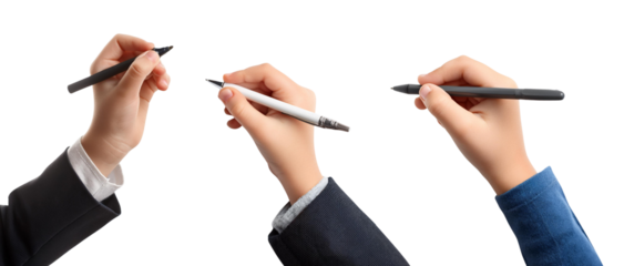 Three hands holding pens, ready to write or sign documents in a professional setting.