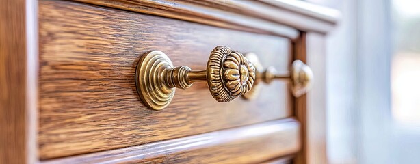 Antique Furniture and Retro Home Decor Arrangements, a macro photography close-up of brass handles on a vintage wooden cabinet, with soft light reflecting the polished details