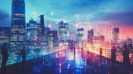 Fototapeta premium Abstract business team stands on the peak of success amid tall, innovative Smart city and graphs with statistics to analyze business potential and predict future developments in company growth.