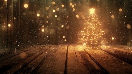 Festive Christmas design featuring twinkling lights and a glowing tree on a soft wooden table