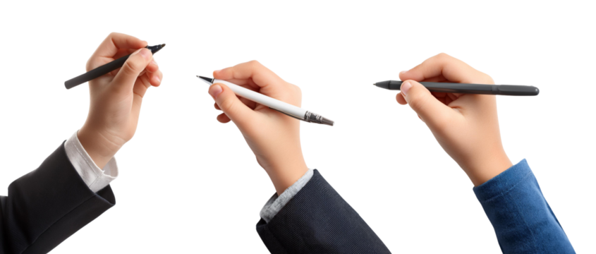 Three hands holding pens, ready to write or sign documents in a professional setting. - Powered by Adobe