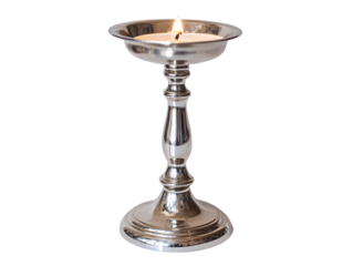 Isolated Silver Candlestick with Lit Candle
