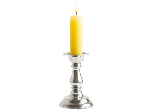 Isolated Silver Candlestick with Lit Yellow Candle