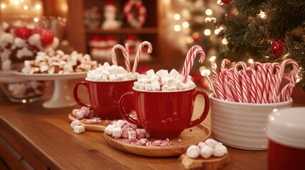 Festive holiday drink station featuring hot chocolate mugs, marshmallows, and candy canes
