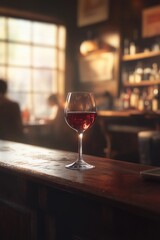 A glass of red wine on a wooden counter in a cozy bar setting, with warm bokeh lights in the background.