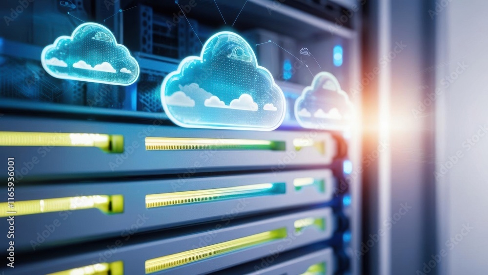 Poster a server rack with digital cloud icons, representing cloud computing and data storage technology.