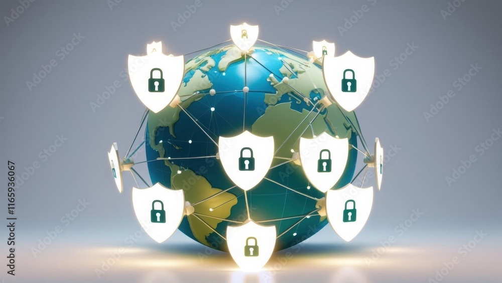 Poster a digital globe surrounded by shields, symbolizing global cybersecurity and data protection.