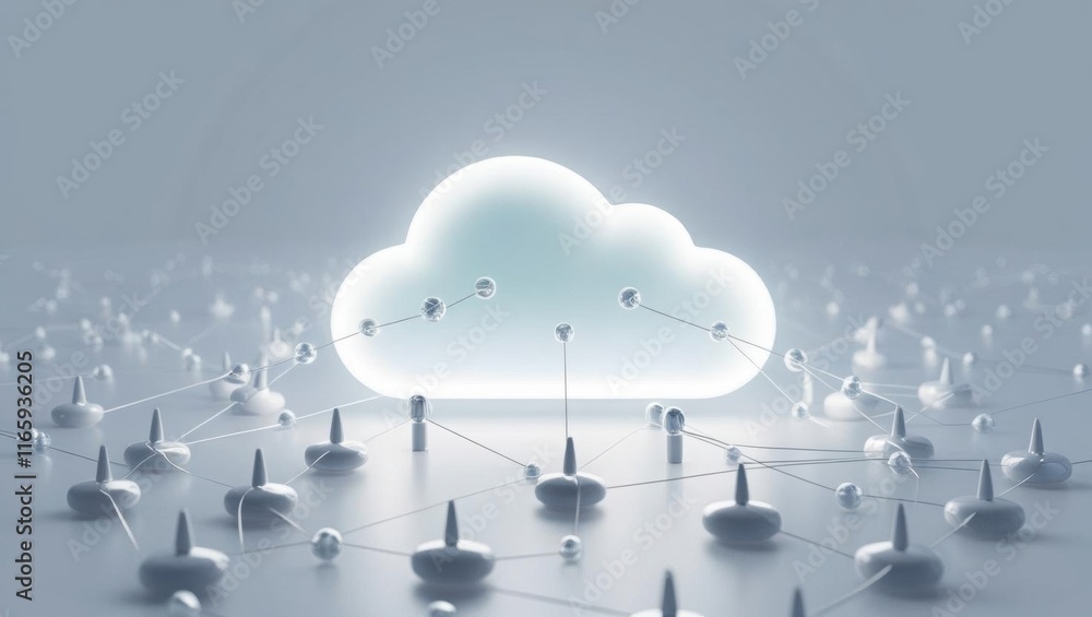 Poster a luminous cloud symbolizing connectivity amidst interconnected nodes, representing cloud computing 