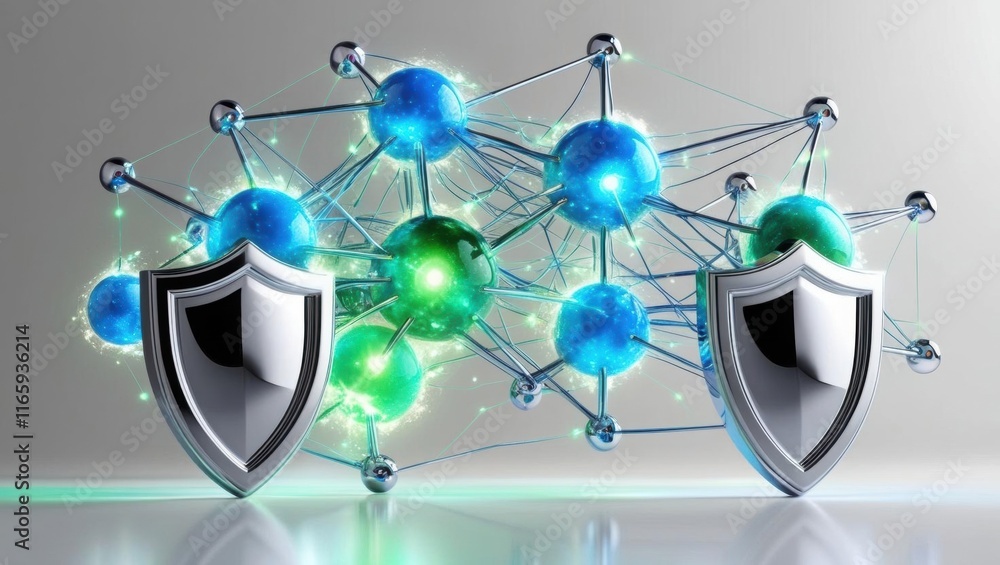 Poster a digital illustration of shields protecting colorful molecular structures, symbolizing security in 