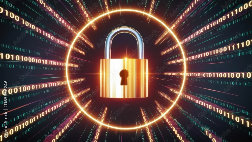 Poster a digital padlock surrounded by binary code, symbolizing cybersecurity and data protection in a vibr