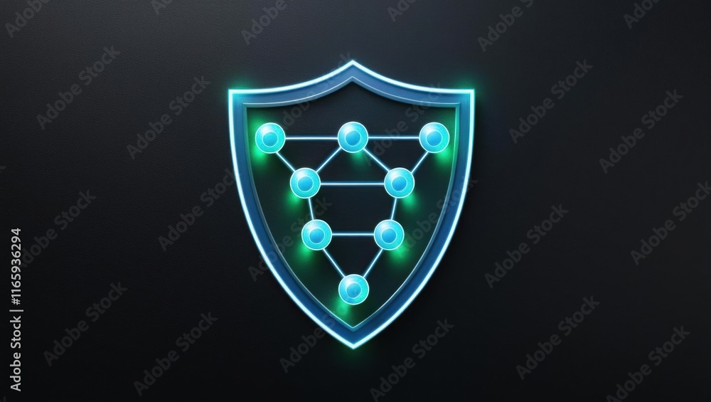 Poster a futuristic shield icon featuring interconnected nodes, symbolizing security and protection in tech
