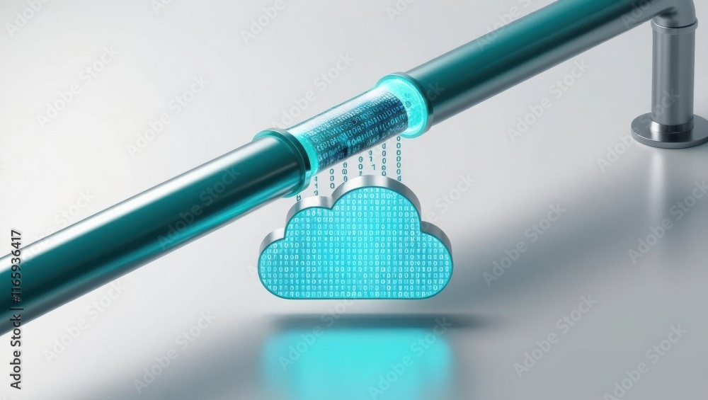 Poster a digital cloud symbol appears suspended from a pipe, representing cloud computing and data flow in 