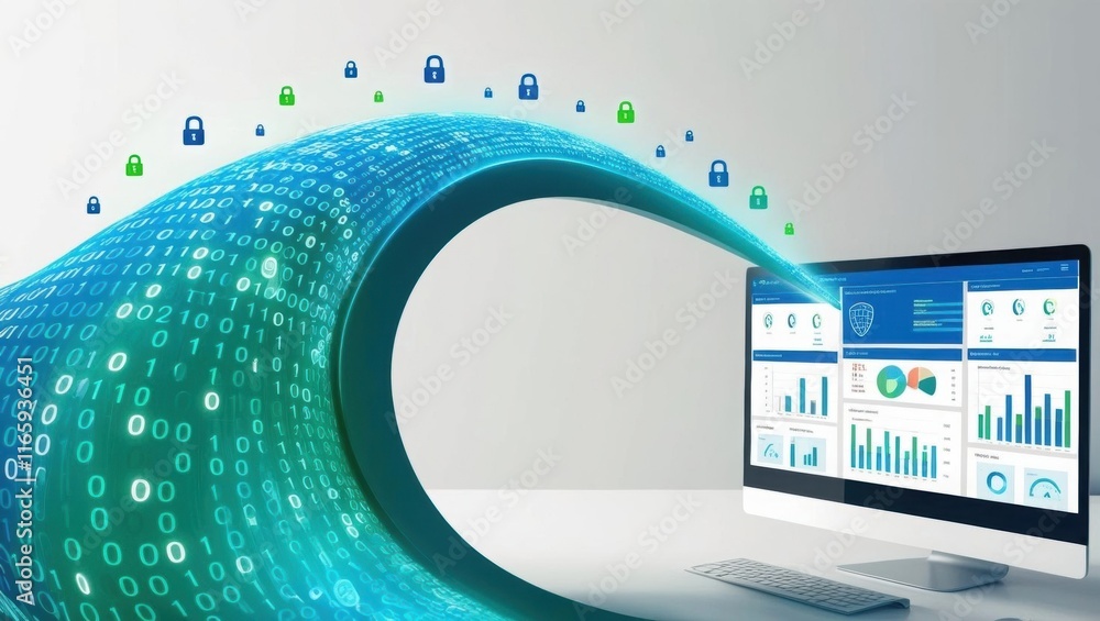 Poster a digital wave of data flows toward a computer, symbolizing cybersecurity and data analysis with gra