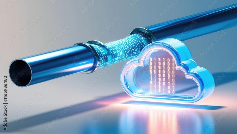 Aufkleber a metallic pipe connects to a glowing cloud symbol, representing data transfer and cloud computing t