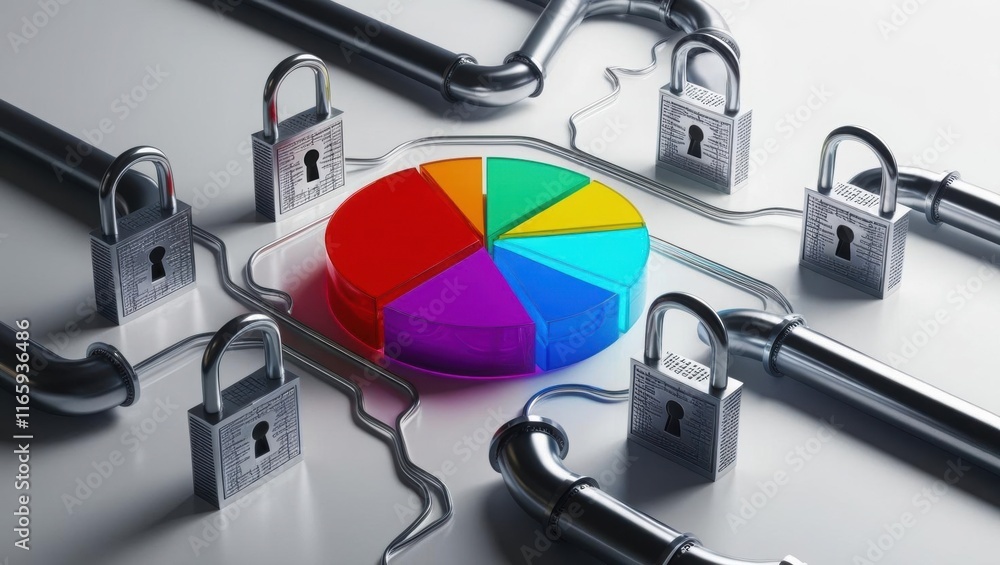 Poster a colorful pie chart surrounded by locks and pipes, symbolizing data security and analytics.