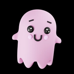 Halloween Ghost. Cute pink ghost character. Realistic 3d design element In plastic cartoon style. Icon isolated on black background. 3D illustration