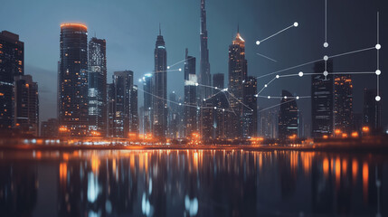 Fototapeta premium Abstract business team stands on the peak of success amid tall, innovative Smart city and graphs with statistics to analyze business potential and predict future developments in company growth.