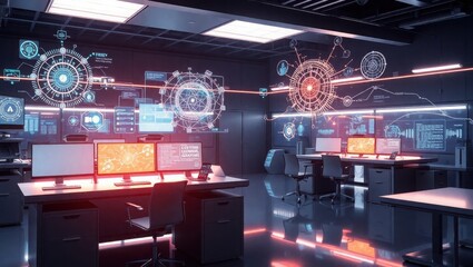 Futuristic Office Workspace With Advanced Technology Displays
