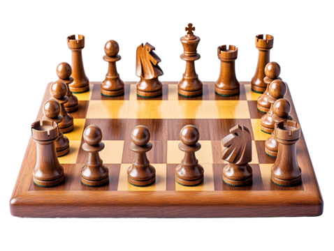 Isolated Chess Pieces on Wooden Board in Starting Position