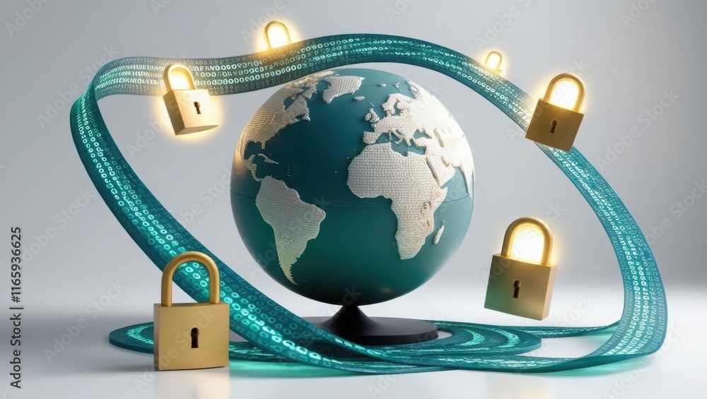 Poster a globe surrounded by digital locks symbolizes global cybersecurity and data protection in a connect