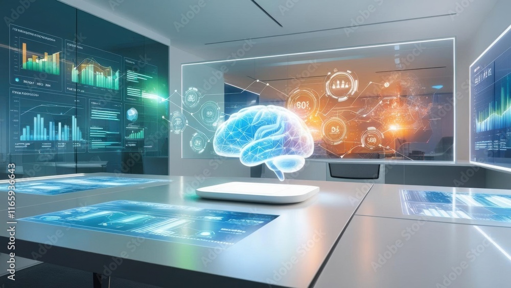 Poster a modern workspace featuring a holographic brain and data visualizations, illustrating the intersect