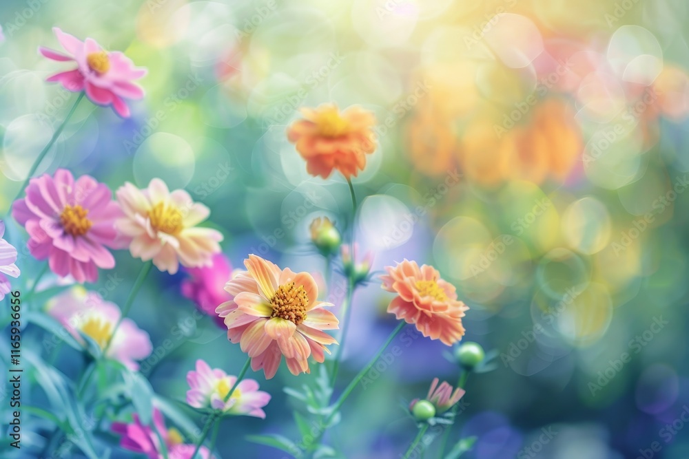Poster a vibrant array of flowers in shades of pink and orange brightens a lush garden, illuminated by soft