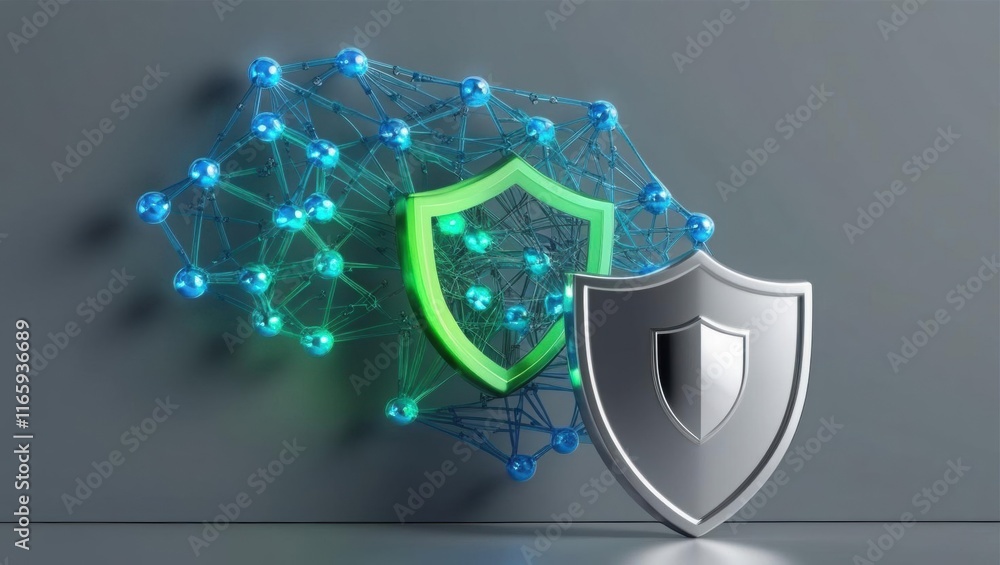 Poster a digital representation of cybersecurity featuring shields and a network, symbolizing protection an