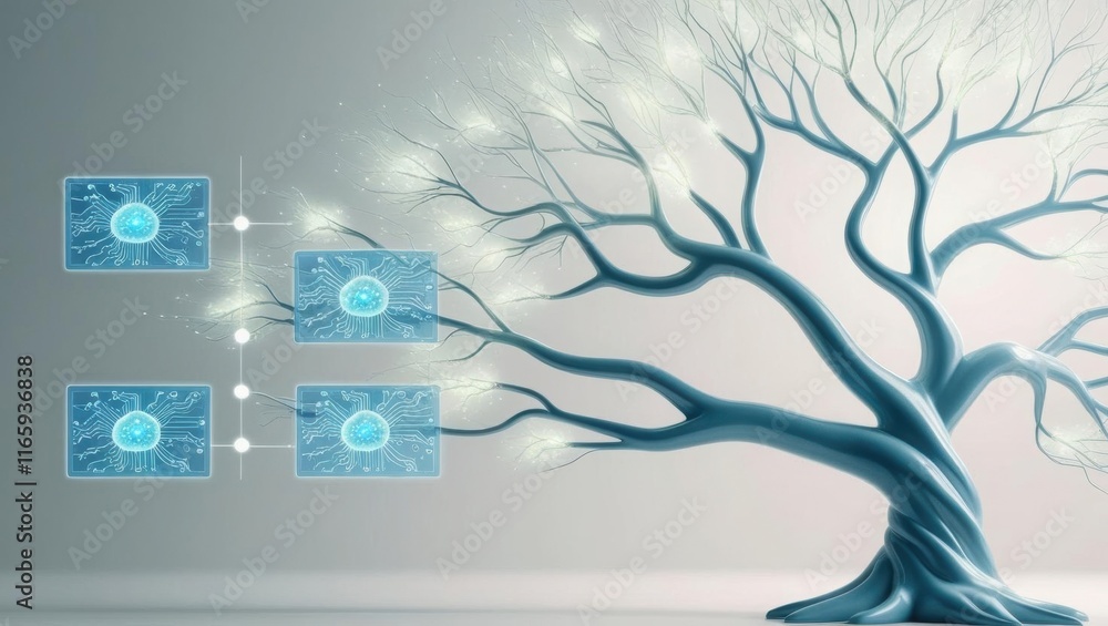 Poster a digital tree structure symbolizing data flow and connectivity with interconnected nodes and branch