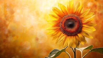 Fototapeta premium A vibrant sunflower with bright yellow petals against a warm, golden blurred background, radiating joy and cheerfulness.