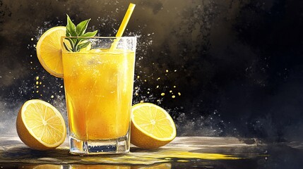 Refreshing glass of citrus lemonade with lemon slices on a dark textured background.