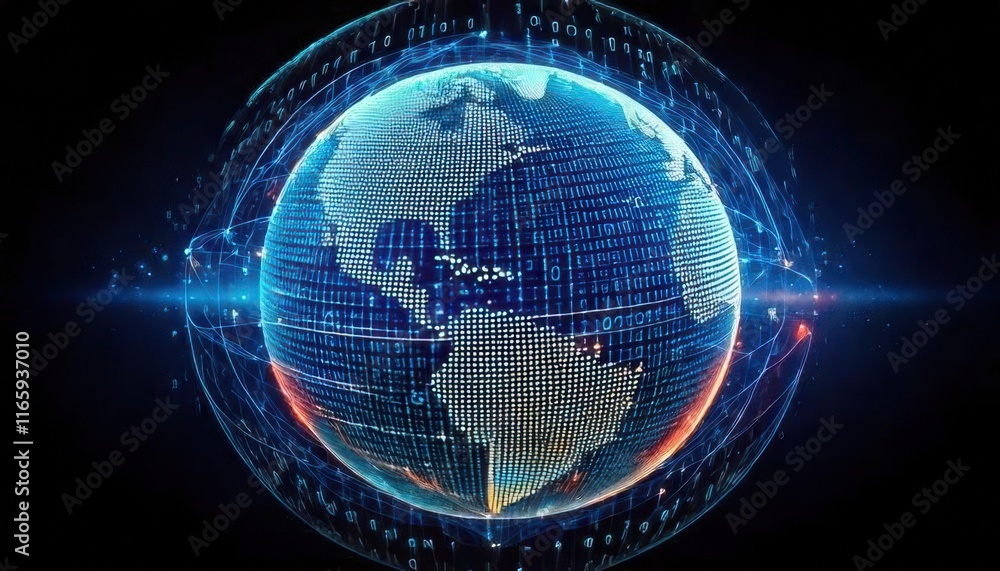 Poster a vibrant digital globe surrounded by glowing lines, representing global connectivity and data flow 