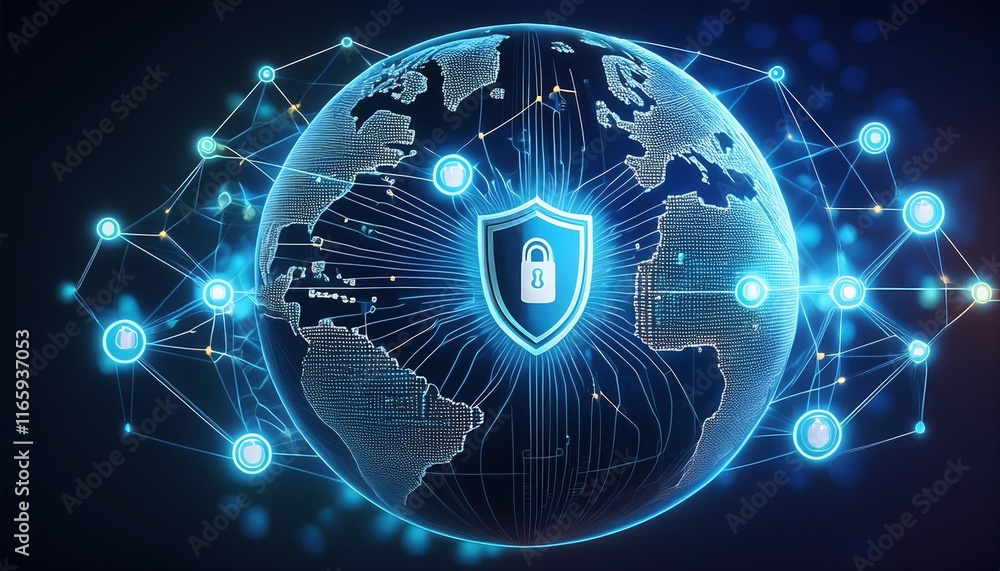 Poster a digital globe with a shield icon symbolizes global cybersecurity and interconnected networks, emph