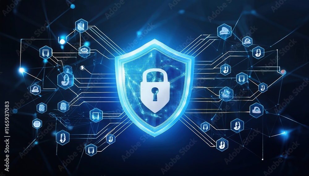 Poster a glowing blue shield with a lock symbolizes cybersecurity, surrounded by interconnected digital ico