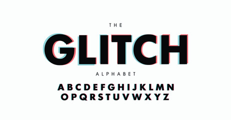 Vector distorted glitch font. Trendy style lettering typeface. Latin letters from A to Z and numbers from 0 to 9. Green and red channels.
