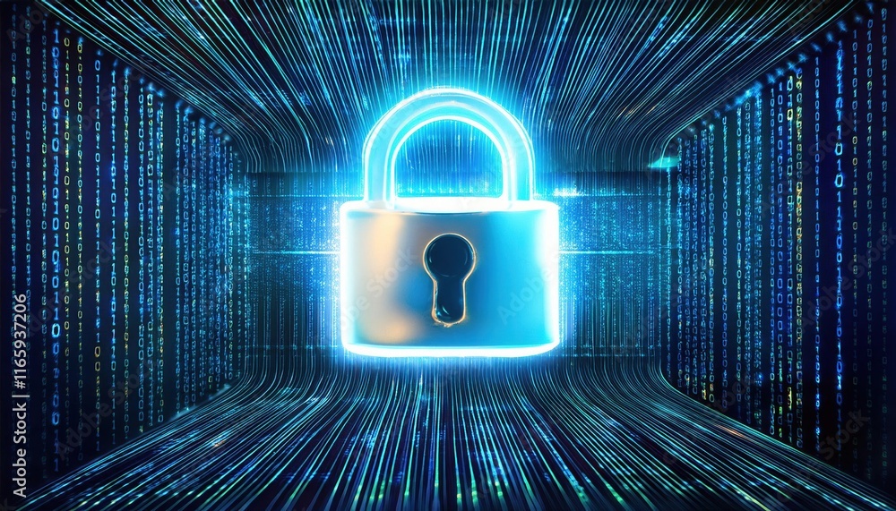 Poster a glowing lock symbolizing cybersecurity amidst a digital binary background, representing data prote