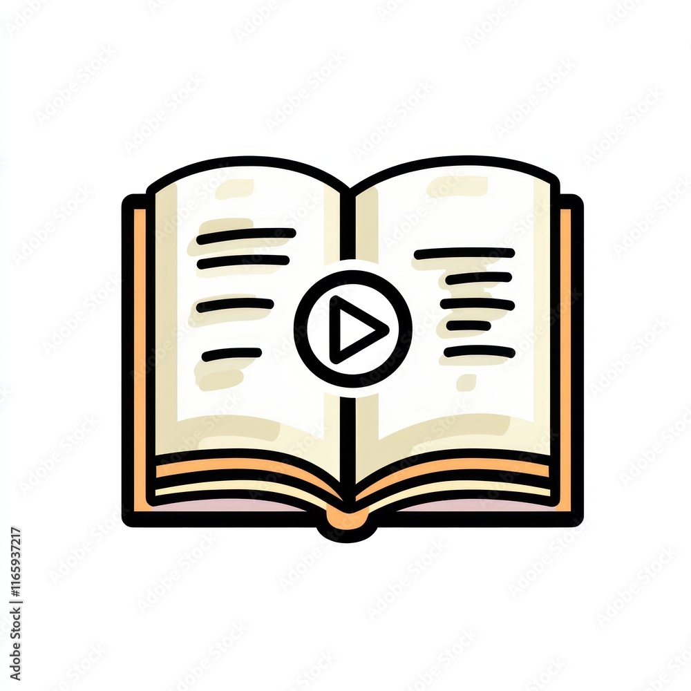 Poster open book with play button centered illustrating audiobook